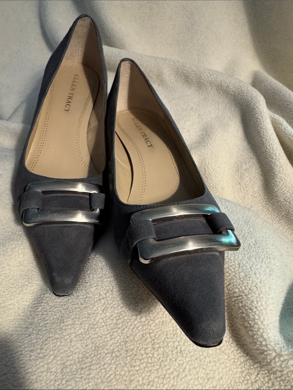 Ellen Tracy Charcoal Suede Pointed-Toe Heels with Decorative Silver-tone Buckle - Picture 6 of 7